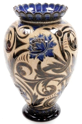 A late 19thC Doulton Lambeth stoneware vase, dated 1886, by Emily London and Elizabeth Adams, sgraffito decorated with blue flowers and scrolling leaves on a textured ground, impressed and incised marks, 36cm high. - 2