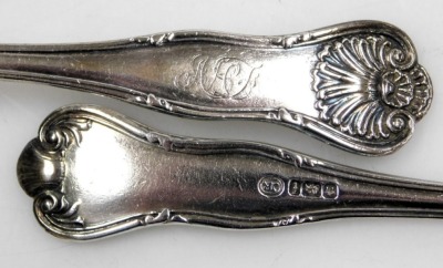 A Victorian silver Shell pattern fork and spoon, monogram engraved, cased, John Round & Son Ltd, Sheffield 1901, together with an Edward VII silver fork and spoon, cased, Sheffield 1903, 4.21oz. - 2