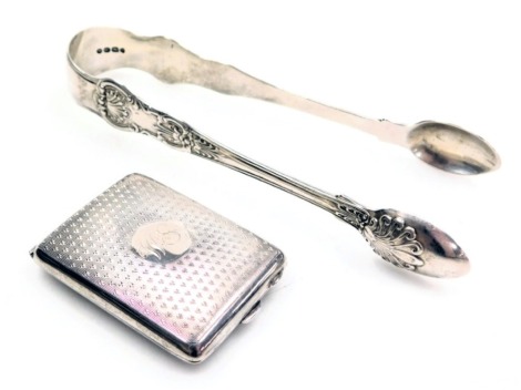 A pair of Victorian silver Queens pattern sugar tongs, The Portland Co (Francis Higgins III), London 1859, together with a George V silver match sleeve, with engine turned decoration, circular reserve, monogram engraved, Birmingham 1924, 3.51oz.