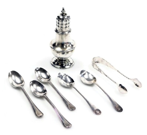 An Edward VII silver sugar sifter, of baluster form, Chester 1906, pair of sugar tongs, Birmingham 1903, and five silver tea spoons, 4.07oz.