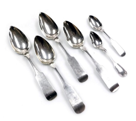 Four late 19thC American Fiddle pattern table spoons, probably coin silver, monogram engraved, J & W Moir, a tea spoon, and a Fiddle and Thread pattern teaspoon, R &W Wilson, 10.79oz.