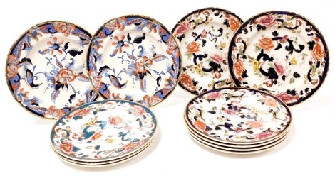 A group of Mason's Ironstone dinner plates, comprising Café (x2), Red Mandalay (x3), Chartreuse (x2), Java, and Mandalay (x3). (11)