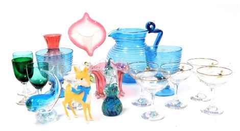 A group of Victorian and later glassware, including a Jack in the Pulpit vase, three Victorian turquoise and green wine glasses, Mdina glass seahorse paperweight, and six Babycham glasses. (a quantity).