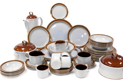 A Johnson Brothers Table Plus two tone part dinner and coffee service, comprising an oval meat platter, pair of vegetable tureens and covers, sauce boat, six dinner, dessert and side plates, six soup and fruit bowls, large fruit bowl, coffee pot, cream ju