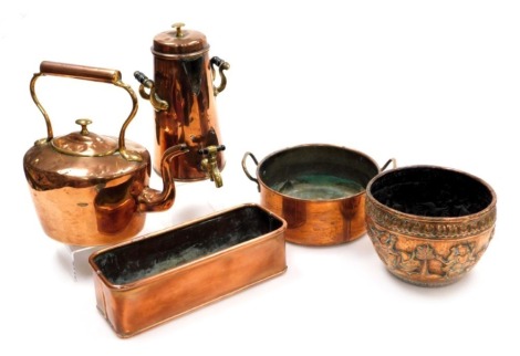 A group of 19thC and later copper wares, including a copper kettle, tea urn, and an Indian jardiniere embossed with figures. (5)