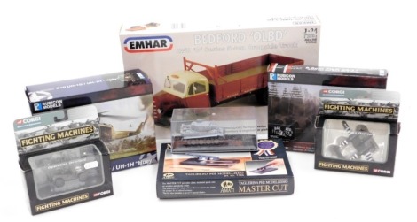 Rubicon and Emhar model kits, comprising a German artillery gun, 8.8cm Flak 36/37, Bell UH-1D military helicopter, and a Bedford "OLBD" together with an Amati master cutter, Corgi diecast Operation Overlord Willys MB, a P-38 Lightning USAAF, and a model o