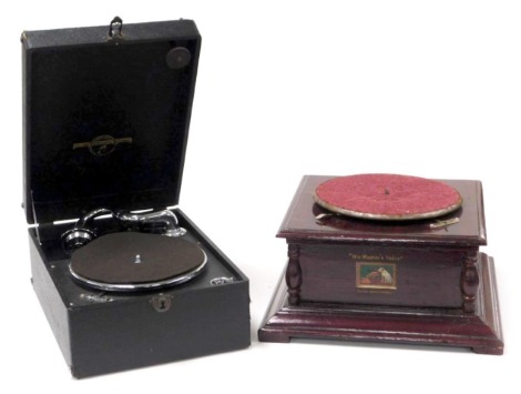 A Columbia table top gramophone, black cased, together with an HMV box gramophone, 38cm wide. (2, AF)