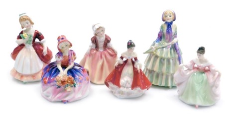 Six Royal Doulton figures, comprising Sara HN3219, Valerie HN2107, Biddy HN1445, Southern Belle HN3174, Monica HN1467 and Dinky Do HN2120.