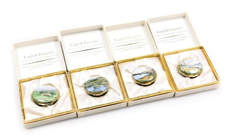 Four Crummels enamel boxes boxed with certificates, comprising Bronte Sisters, William Wordsworth, Beatrix Potter and Arthur Ransome.