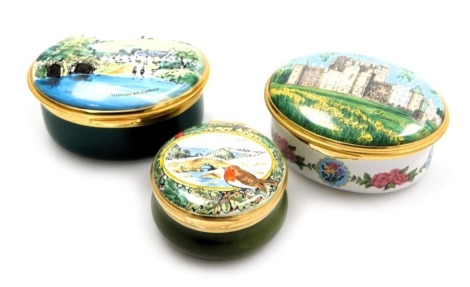 A Royal Mint enamel box, celebrating the centenary of Her Majesty Queen Elizabeth the Queen Mother 1900-2000, Worcestershire enamel box, printed with Lorna Doone Farm, Lamsmade Exmoor, and a Crummels National Trust enamel Christmas box 1981, all boxed wit