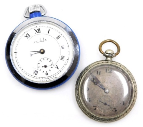 An early 20thC Dantes gentleman's silver plated pocket watch, open faced, keyless wind, circular silvered dial bearing Arabic numerals, subsidiary seconds dial, together with a late 20thC East German Ruhla pocket watch, open faced, keyless wind, circular 