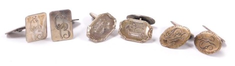 Three pairs of Swedish silver cufflinks, with monogram engraving, 22.0g.