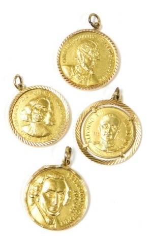 Four commemorative medallions, for Frederick Chopin, Valldemosa 1838/39, Charles V, Holy Roman Emperor, Alfonso XIII of Spain 1886-1931, and Diego de Silva Velazquez 1599-1660, gilt metal, three marked 900, the other fetish 750/000, all in pendant mounts.