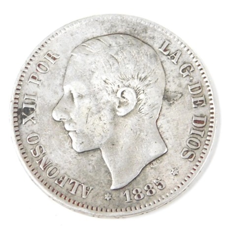 An Alfonso XII five pesetas 1885.