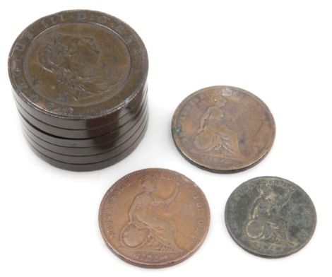 A George III cartwheel penny coin container, together with a George IV penny 1826, half penny 1826, and a Victorian penny 1857.