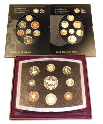 A Royal Mint United Kingdom proof coin collection 2002 and a brilliant uncirculated coin collection, Emblems of Britain 2008. (2)