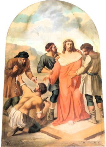 English School (19thC). A Station of The Cross, oil on metal, 92cm x 58cm.