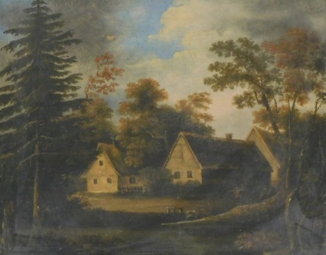 Continental School (18thC). River landscape with buildings and figures, oil on board, 21.5cm x 27cm.