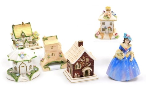 Five Coalport porcelain pastel burners, comprising Bridge House, Red House, The Summer House, The Master's House, and The Umbrella House, together with a Coalport porcelain figure of Edyth. (6)