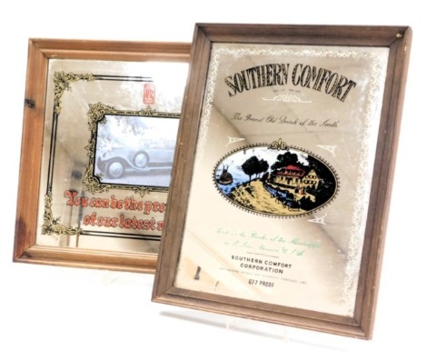 A Rolls Royce advertising wall mirror, "You Can Be The Proud Owner of Our Latest Model", 24cm x 28cm, together with a Southern Comfort mirror, "The Grand Old Drink Of The South", 29cm x 21cm. (2)