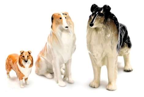 A Beswick pottery figure of a collie dog, further pottery figure of a collie dog, and a Lomonosov porcelain figure of a seated collie dog. (3)