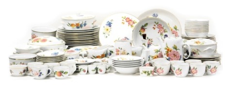 A Royal Worcester porcelain Pershore pattern dinner, tea and coffee service, oven to table wares, including vegetable tureens and covers, casserole dishes, souffle dishes, dinner, dessert and sides plates, oval serving dishes, tea and coffee pots, cups an