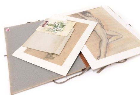 A portfolio of watercolours and charcoal sketches, including still life subjects, nudes, landscapes, etc.