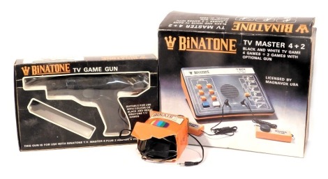 A Binatone TV Master 4+2 black and white TV game, licensed by Magnabox, boxed, together with a TV game gun, and TV game adapter. (3) Buyer Note: WARNING! This lot contains untested or unsafe electrical items. It is supplied for scrap or reconditioning onl