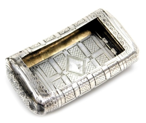 A George III silver snuff box, of curved and engraved simulated casket form, with vacant diamond shield reserve, William Withers, London 1808, 1.85oz (AF)