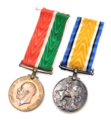 Two WWI medals, named to Charles Walkerley, comprising War Medal, and Mercantile Marine War Medal.