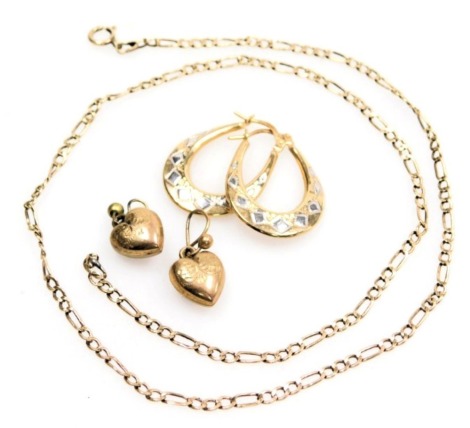 A 9ct gold figaro link neckchain, pair of bi-colour gold hoop earrings, and a pair of engraved heart shaped earrings, stamped 9ct, 4.3g.