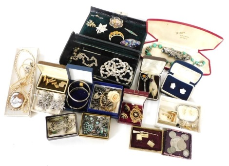 Silver and costume jewellery, including a silver charm bracelet, gentleman's cufflinks, Edwardian seed pearl and enamel pendant, cameo brooch and silver bangles, together with coins. (a quantity)