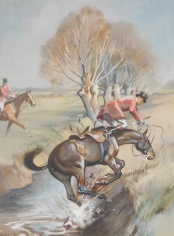 John Theodore Kenney (1911-1972). Hunting scene depicting horse jumping over a brook, gouache, signed and dated '39, 34cm x 25cm.