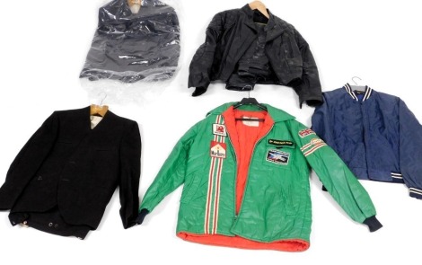 Vintage clothing, comprising two Burtons suits, a leisure wear green jacket, with labels for Dunlop, Vauxhall, Marlboro, and Team Mercury World Champion, black leather motorcycle jacket and trousers and Tyne-Tex mod jacket.