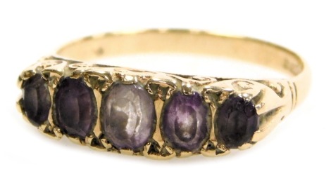 A 9ct gold and blue John five stone ring, size Q, 3.1g.