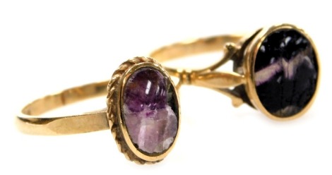 A 9ct gold and blue john ring, set with an oval cut stone, size P, and another similar, size N, 5.4g.