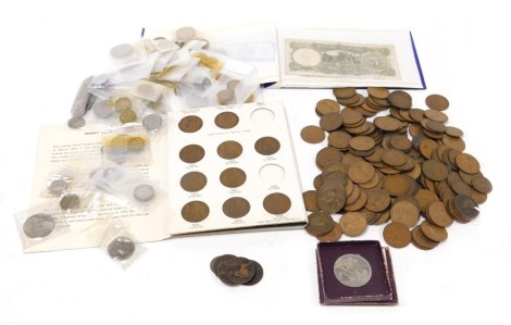 Victorian and later silver and copper coinage, including sixpences and threepenny bits, Festival of Britain crown, Coin Collectors folder of Great Britain pennies, Britain's First Decimal Coins and The Rothmans' Cambridge Collection of Rare Banknotes. (a