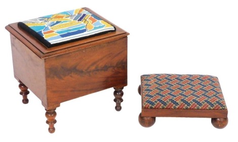 A Victorian mahogany commode stool, the hinged lid with a woolwork seat, opening to reveal an inner lid and ceramic bucket, raised on turned legs, 40cm high, 41cm wide, 36cm deep, together with an oak framed foot stool, with woolwork upholstery, raised on