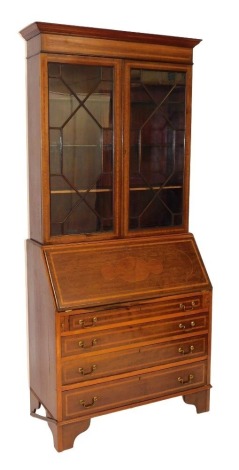 An Edwardian and satinwood banded bureau, the outswept pediment over a pair of astragal glazed doors, enclosing three shelves, above a fall flap with eight recesses and a short drawer, over four long graduated drawers, raised on bracket feet, 205cm high, 