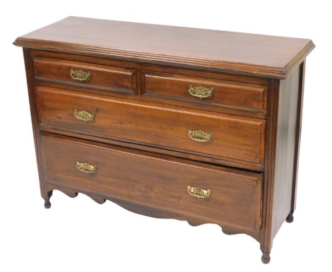 A late Victorian mahogany chest, of two short over two long graduated drawers, raised on channelled supports, on turned feet, 88cm high, 124cm wide, 44cm deep.