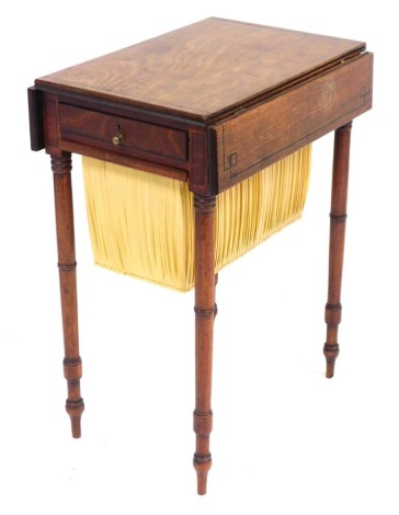 A George IV mahogany Pembroke sewing table, with drop flaps, single frieze fitted drawer, over a work bag section, raised on turned legs, 71cm high, 54cm wide, 38cm deep.