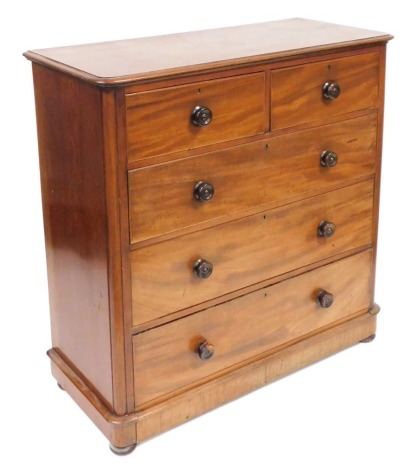 A Victorian mahogany chest, of two short over three long drawers, raised on a plinth base, 120cm high, 117cm wide, 52cm deep.