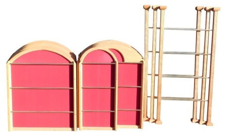 A group of wall hanging display boards, with brass support bars and red material backing, twelve large 120cm high, 96cm wide, and one panel 120cm high, 54cm wide, and three oak uprights.