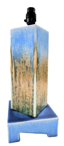 A Ruskin pottery drip glazed table lamp, of square sectional form and having an abstract square base, inscribed mark to underside, 32cm high.