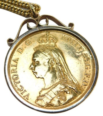 A Victorian Diamond Jubilee double gold sovereign 1887, in a spring pendant mount and a 9ct gold fine link necklace, 32.6g all in.