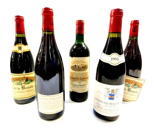 Five bottles of French red wine, comprising three bottles of Cote Brouilly 2009, a bottle of Savigny-Les-Beaune Premier Cru 1993, and a bottle of Chateau Grand Pey Lescours 1985.