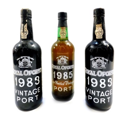 Three bottles of Royal Oporto Vintage Port, for 1983 (x2) and 1985.
