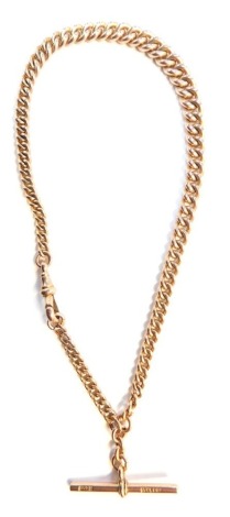 A 9ct rose gold flat curb Albert watch chain, with clip and T bar, all links stamped 375, 29.7g.