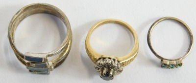 A 1970s 18ct gold sapphire and diamond cluster ring, 5.4g all in, a yellow metal ring with spray of natural pearls (AF), and two modern rings. (4) - 3