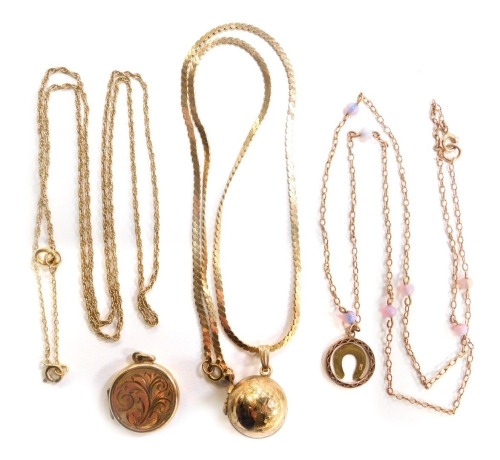 Three various fine link gold chains and two lockets, one being 9ct gold, 22..5g all in. (5)